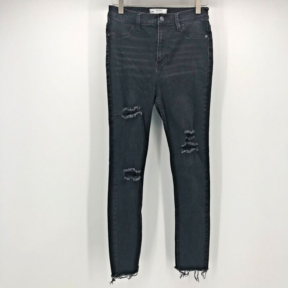 Free People Jeans Womens 28 Long Lean Black Denim Raw Hem Distressed Ankle